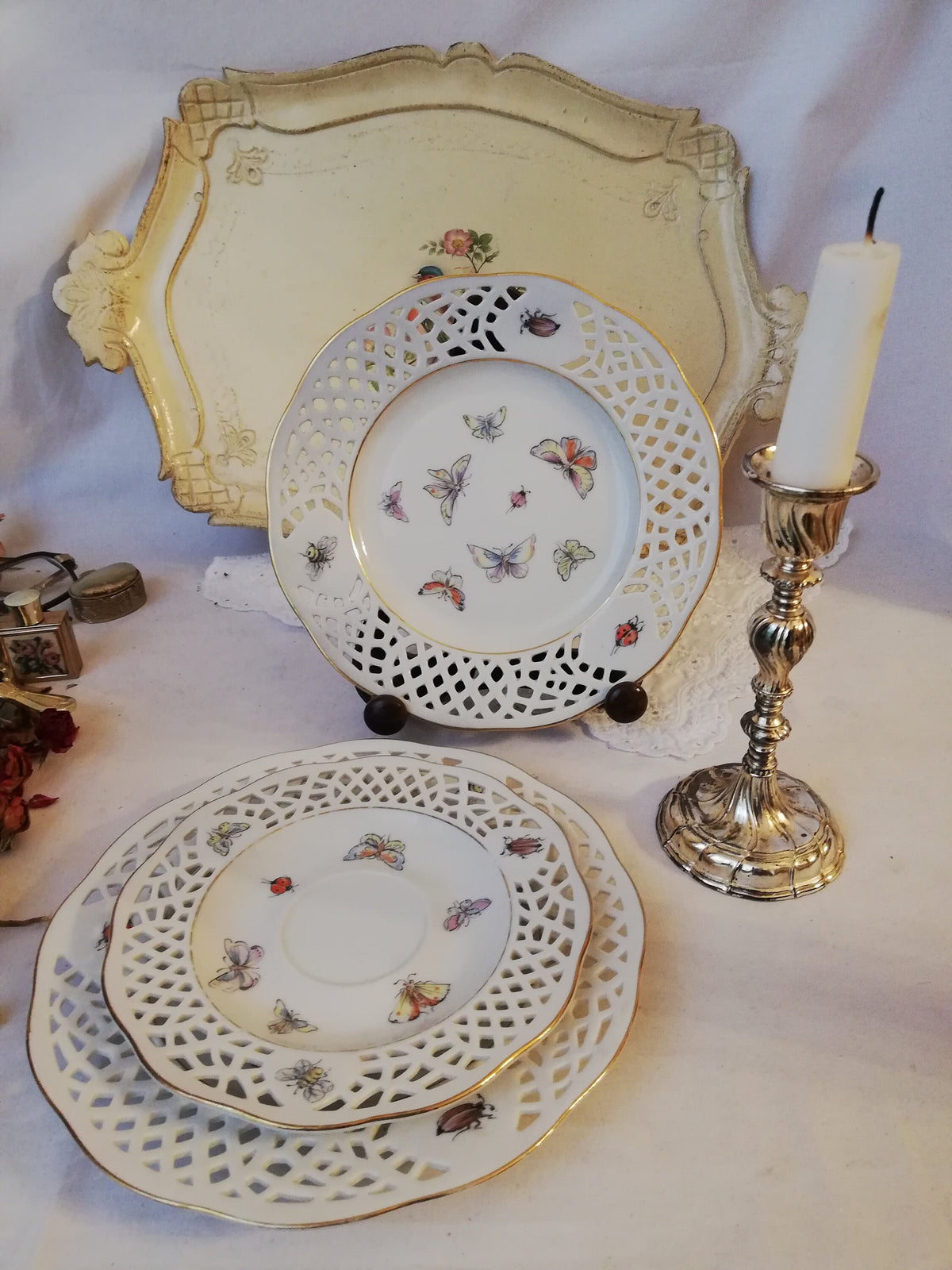 Porcelain plate set 3 with perforated pattern, Lindau Castle, 3 pieces, Vintage, Germany