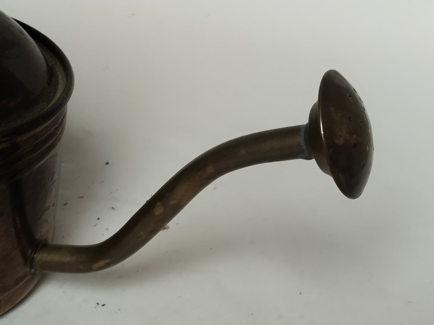 Detailaufnahme Sprührose der Vintage Messing Gießkanne, perforierte Lochung
