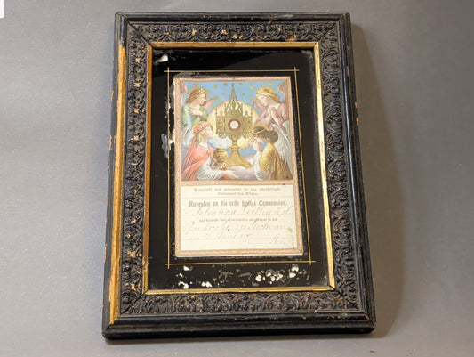 Antikes Kommunionsandenken von 1897 im schwarzen Rahmen mit Goldleiste, Gesamtansicht