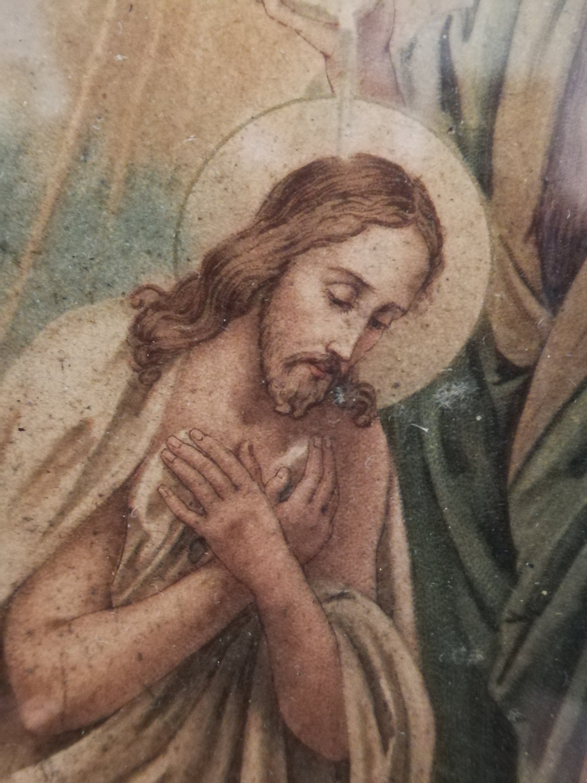 Antikes Heiligenbild katholische Taufe 1907. Detailansicht Jesus Christus.