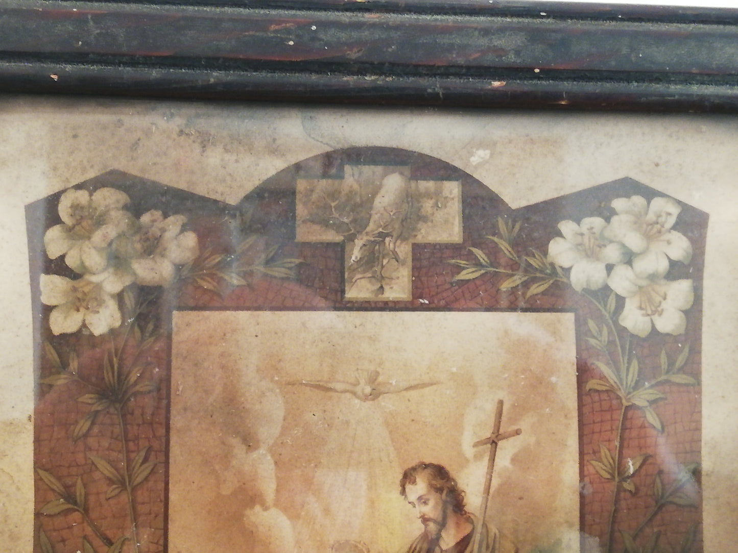 Antikes Heiligenbild katholische Taufe 1907. Oberer Teil mit Rahmen.