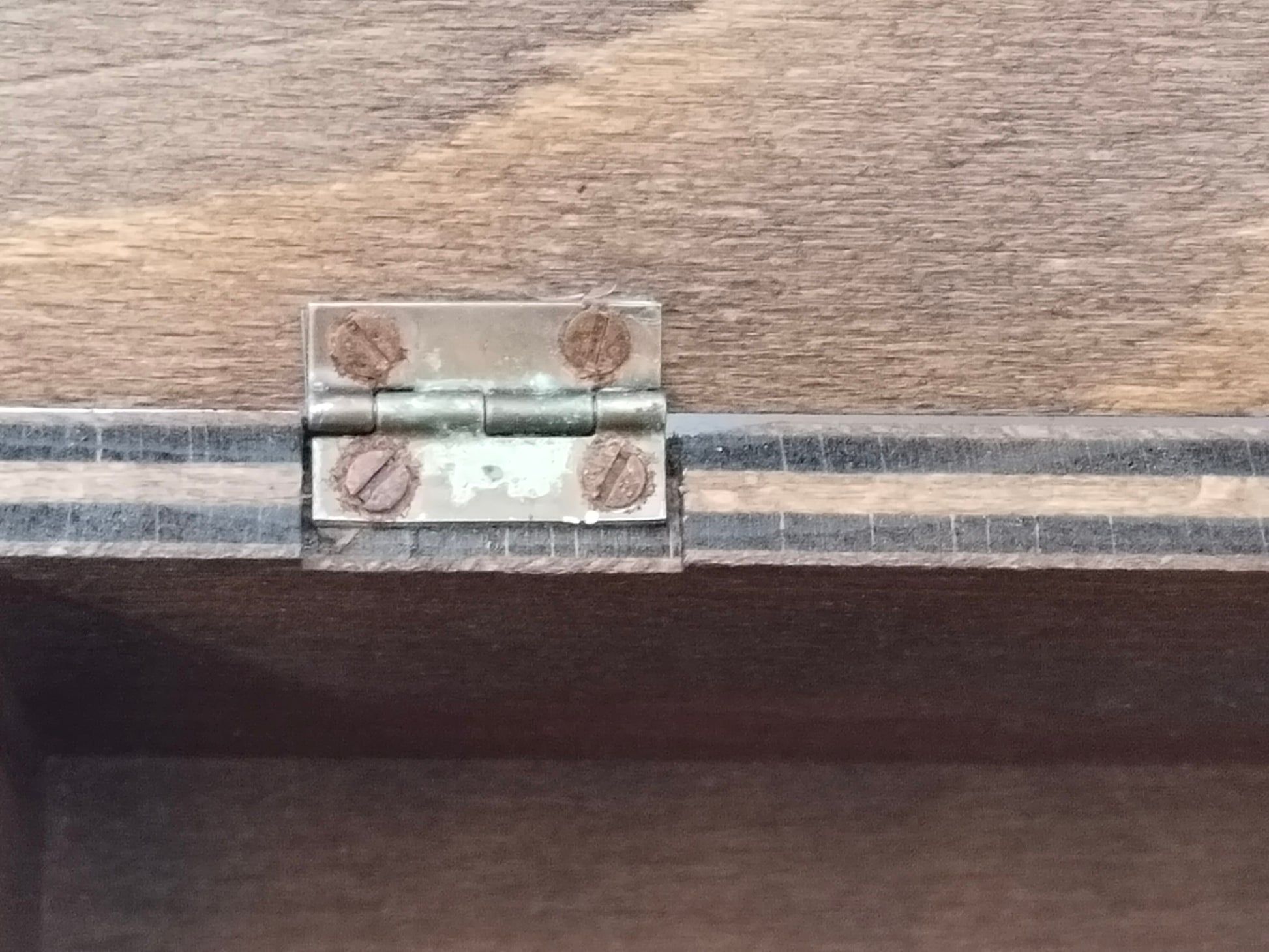 Detailaufnahme eines Scharniers mit Schlitzschrauben an der Deckelkante