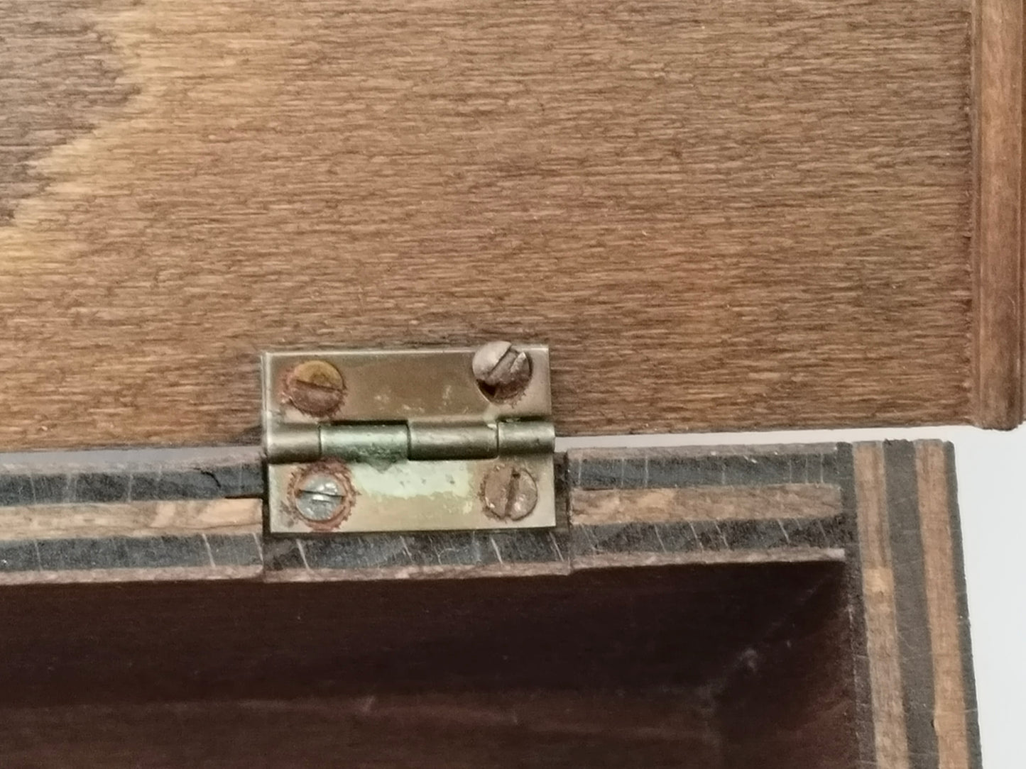 Zweites Scharnier im Detail, sichtbare Schichtkanten des Holzes an der Truhenrückwand