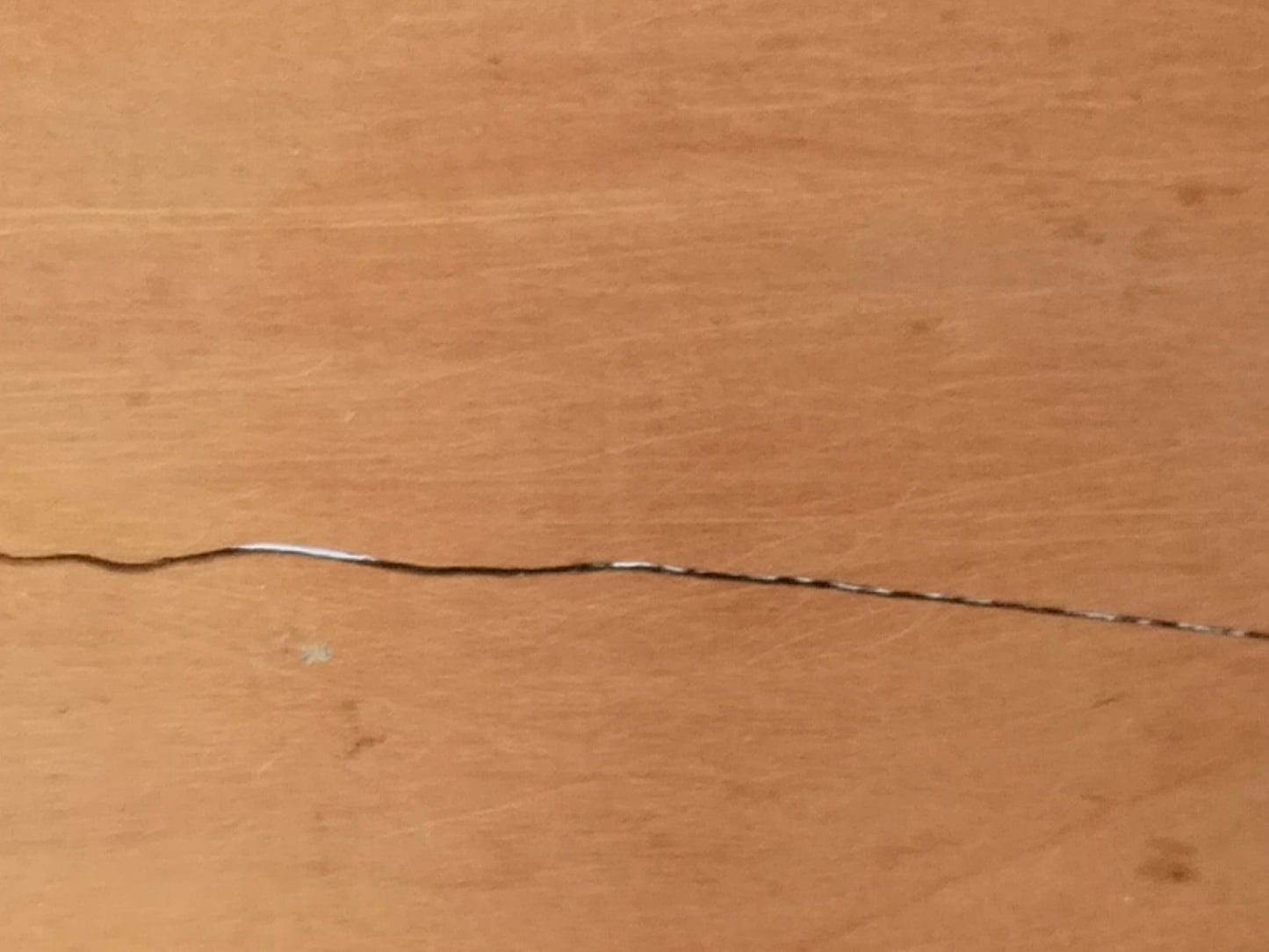Feiner Haarriss im Deckel, von der Innenseite der Holzschatulle fotografiert
