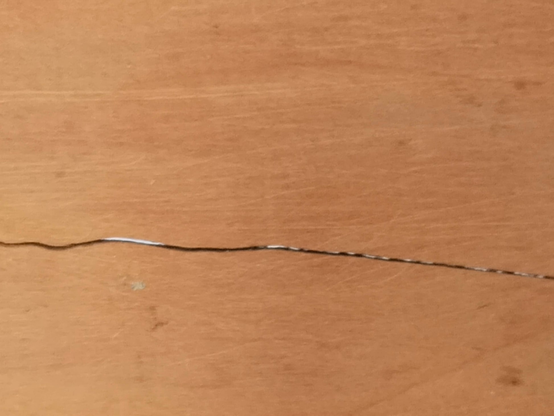 Feiner Haarriss im Deckel, von der Innenseite der Holzschatulle fotografiert
