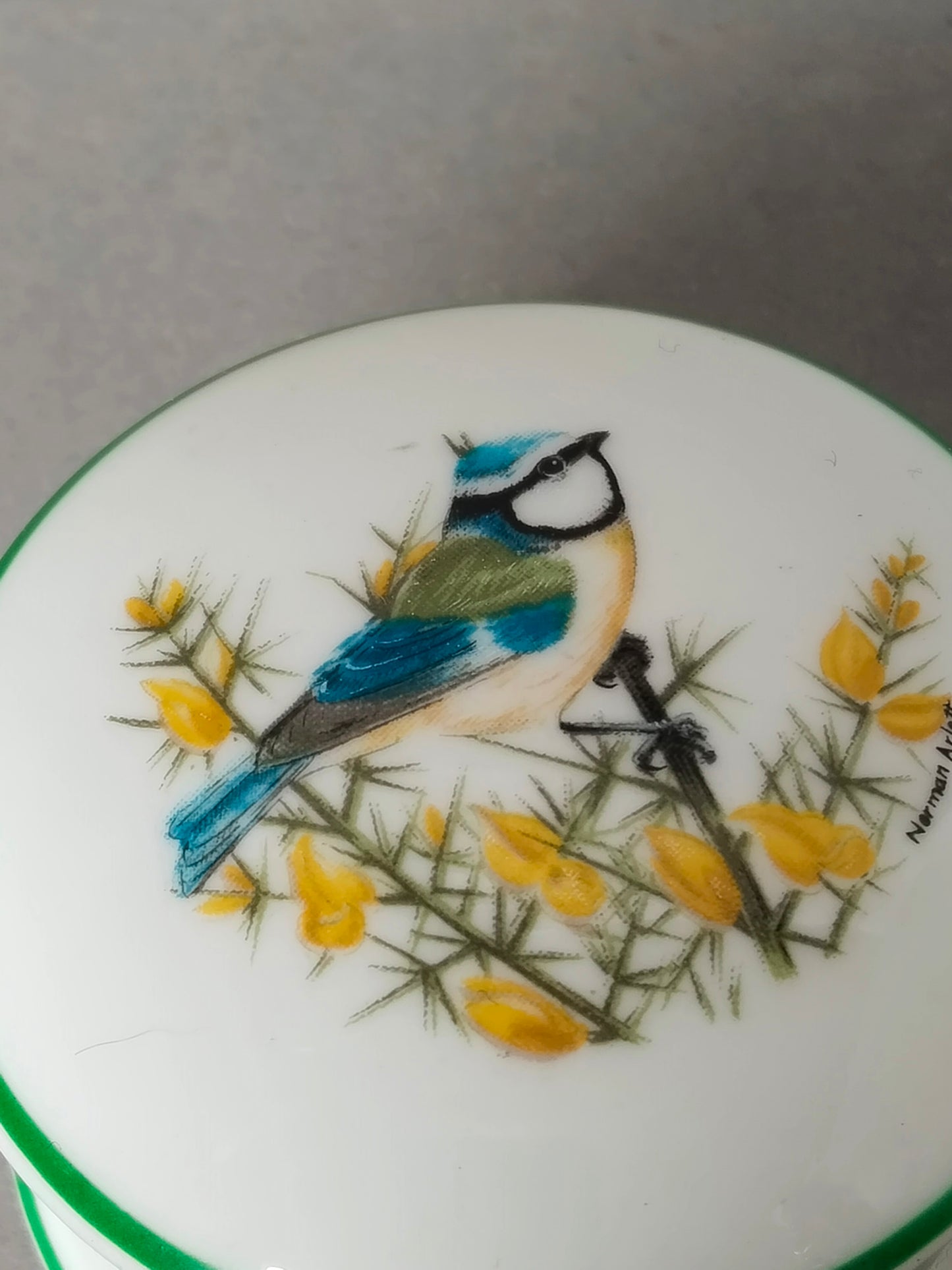 Detailansicht des Deckelmotivs mit der Künstlersignatur Norman Arlott rechts neben der Blaumeise.