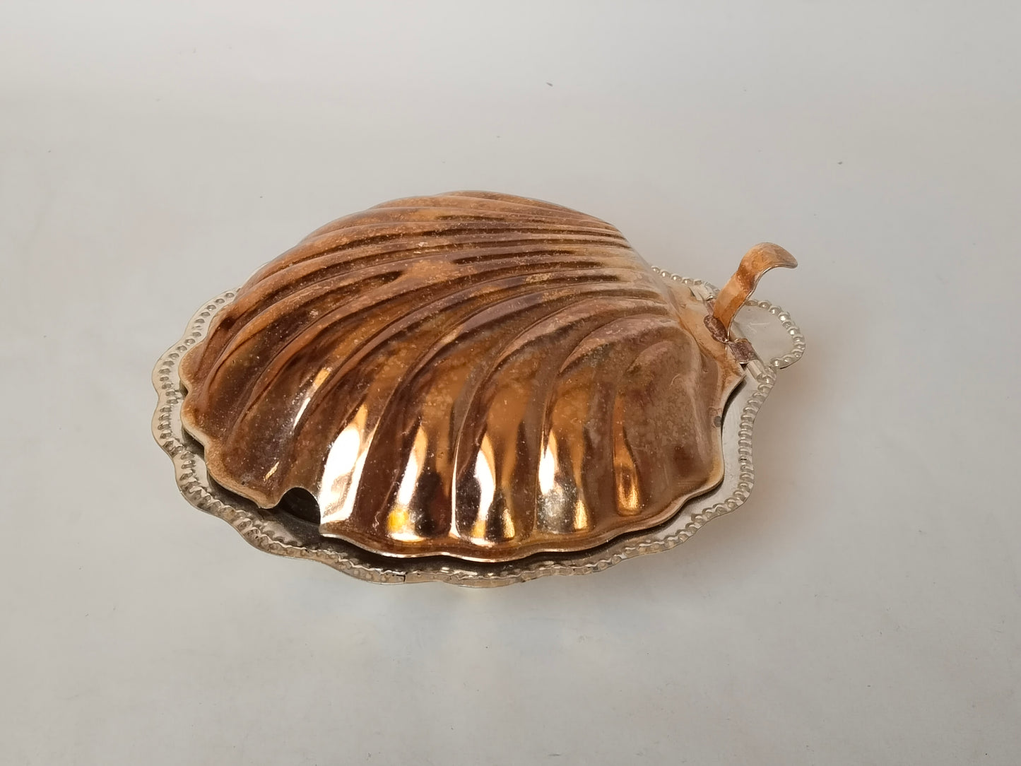 Versilberte Kaviarmuschel geschlossen, Gesamtansicht von oben, Vintage Silber Muschelschale