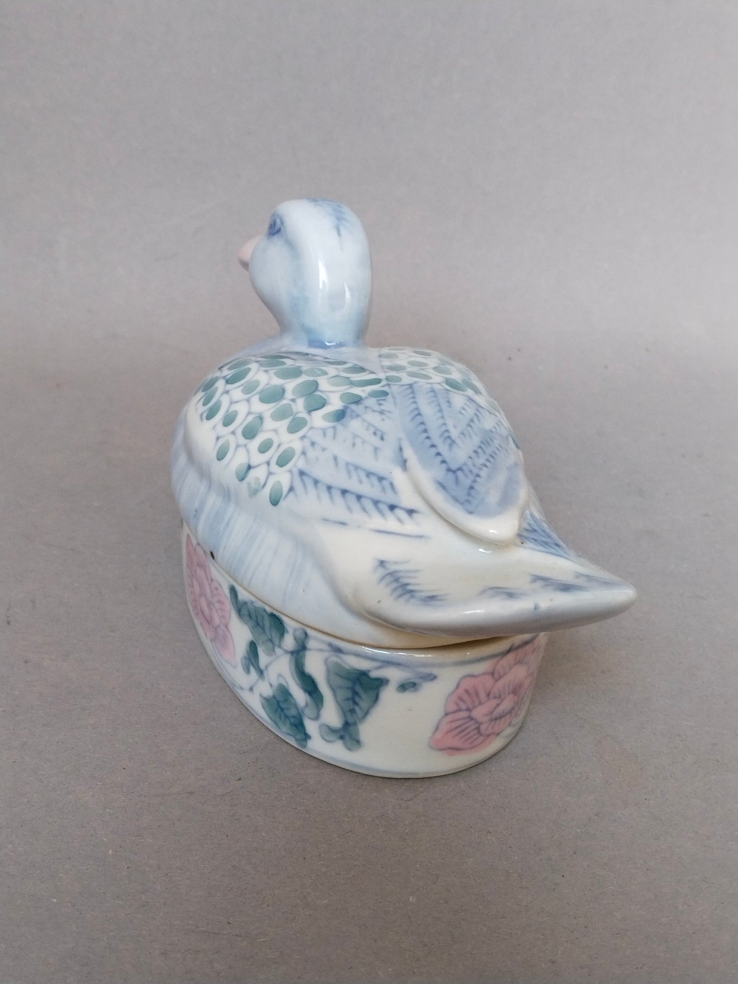 Porzellan Enten-Deckeldose – Blütendekor Blau Rosa, Vintage Schmuckdose, St. Pölten Fund