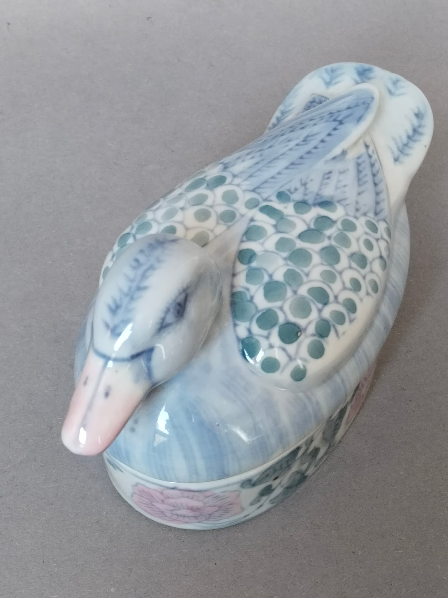 Porzellan Enten-Deckeldose – Blütendekor Blau Rosa, Vintage Schmuckdose, St. Pölten Fund