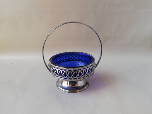 Vintage Glasschale blau mit versilbertem Rahmen