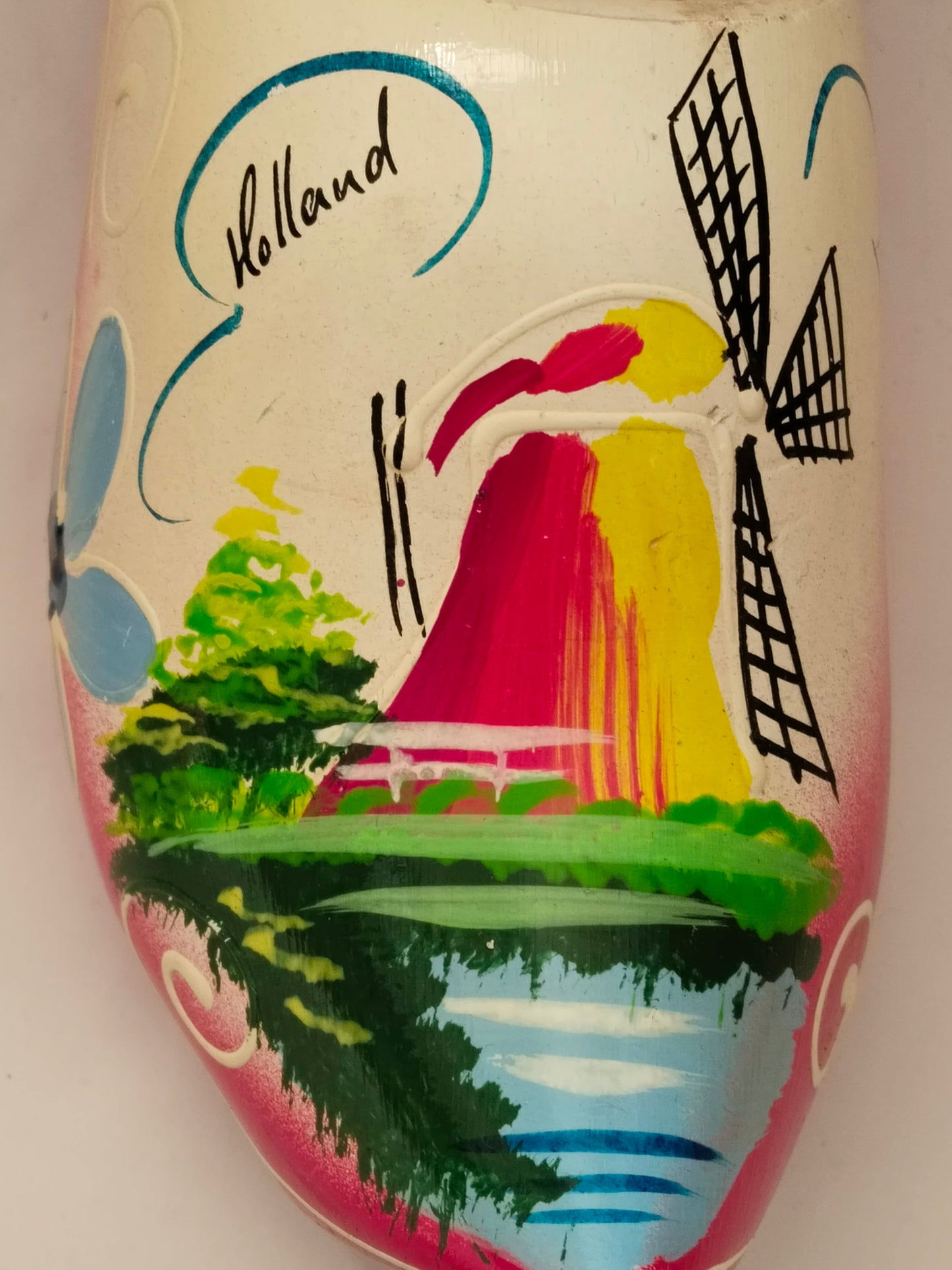 Handbemalte niederländische Holzschuhe Vintage. Vorderteil mit Windmühle.