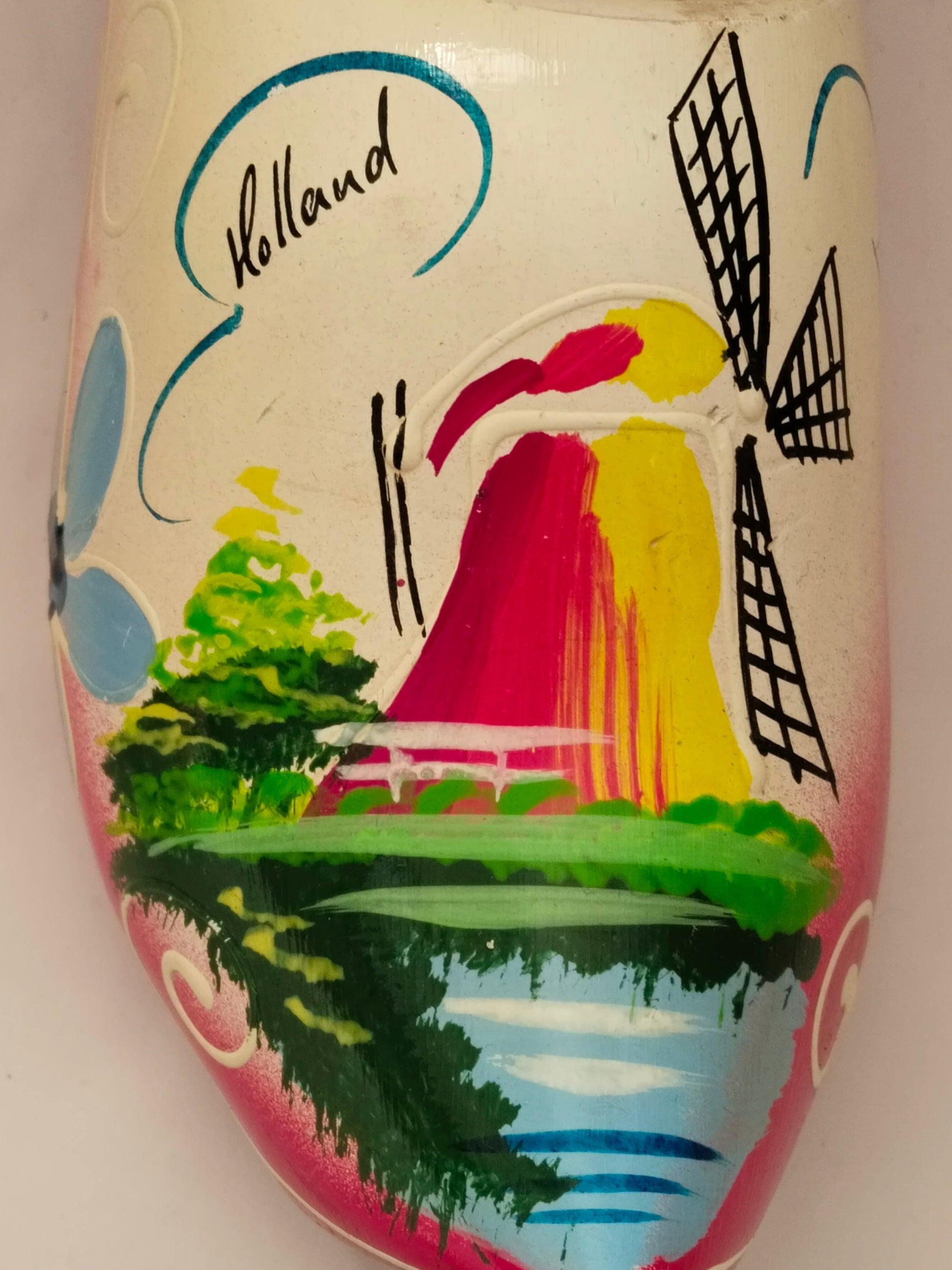 Handbemalte niederländische Holzschuhe Vintage. Vorderteil mit Windmühle.