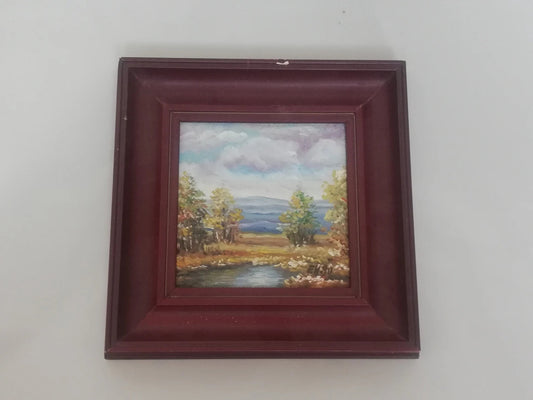 Petite peinture à l'huile paysage d'automne avec ruisseau – signée à la main EH 1990, cadre en bois rouge vin