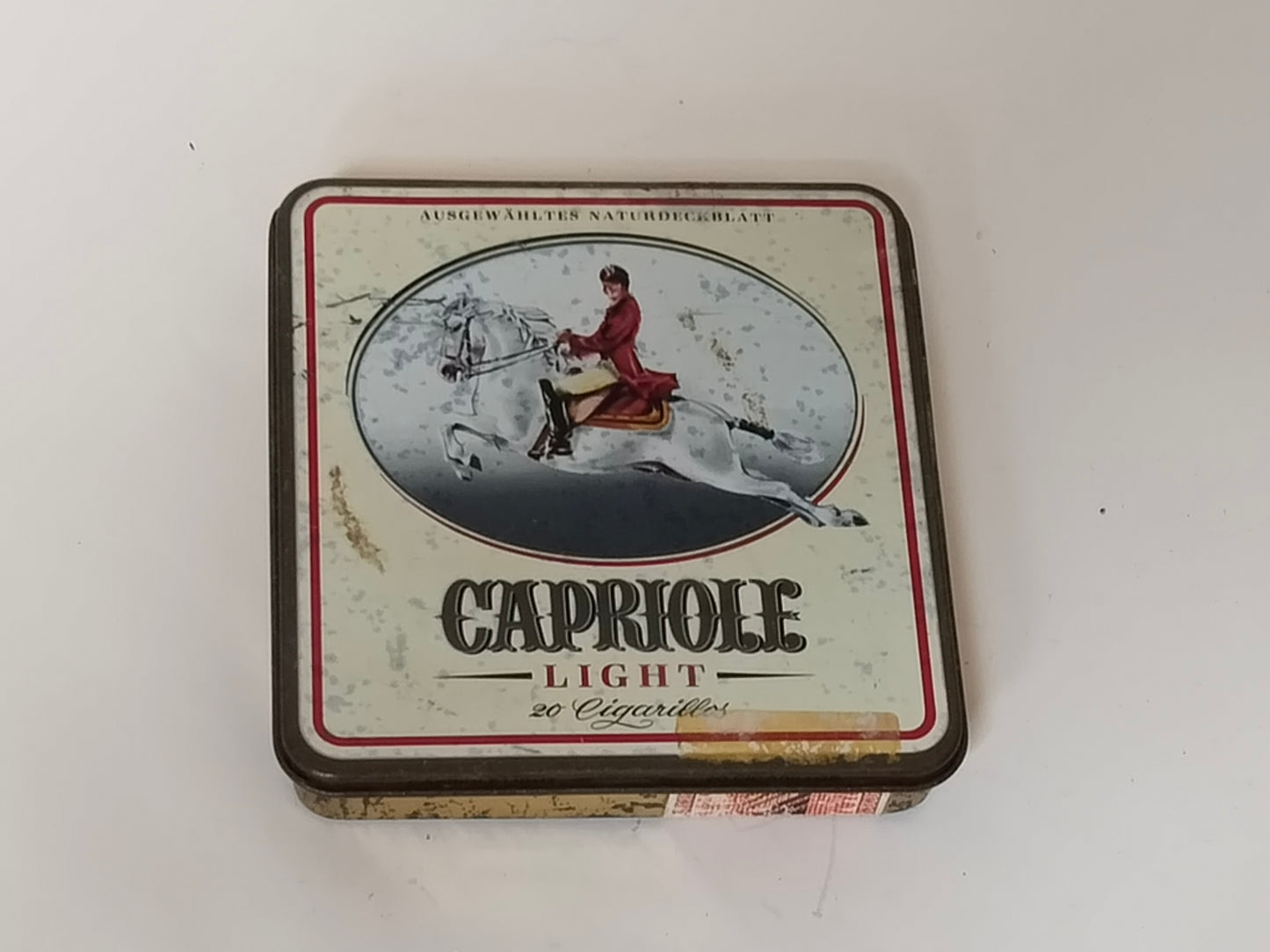 Vintage Blechdose Capriole Zigarillos mit Lipizzaner-Pferd, Gesamtansicht von oben
