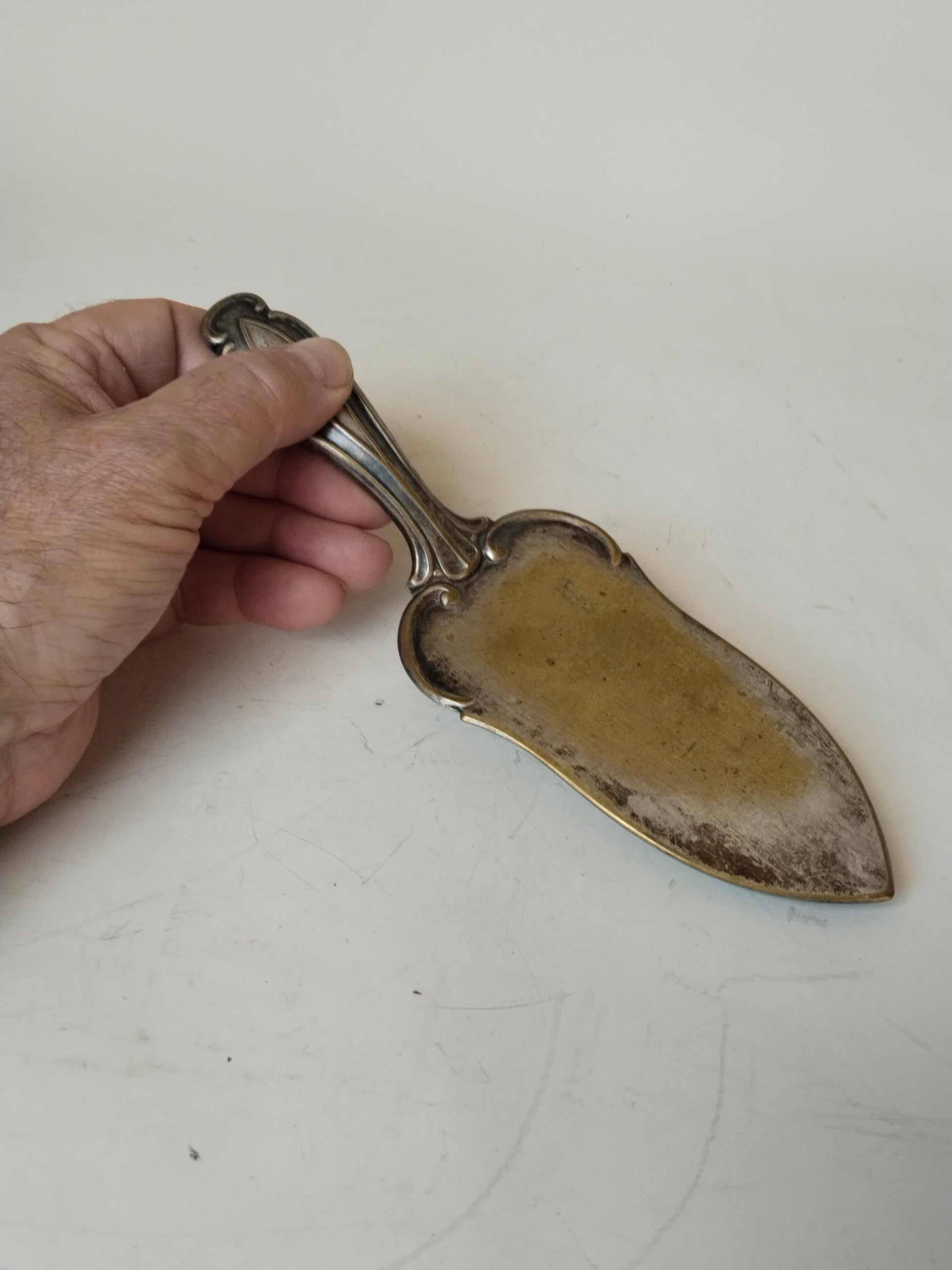 Tortenheber in der Hand, zeigt die Länge von 19 cm