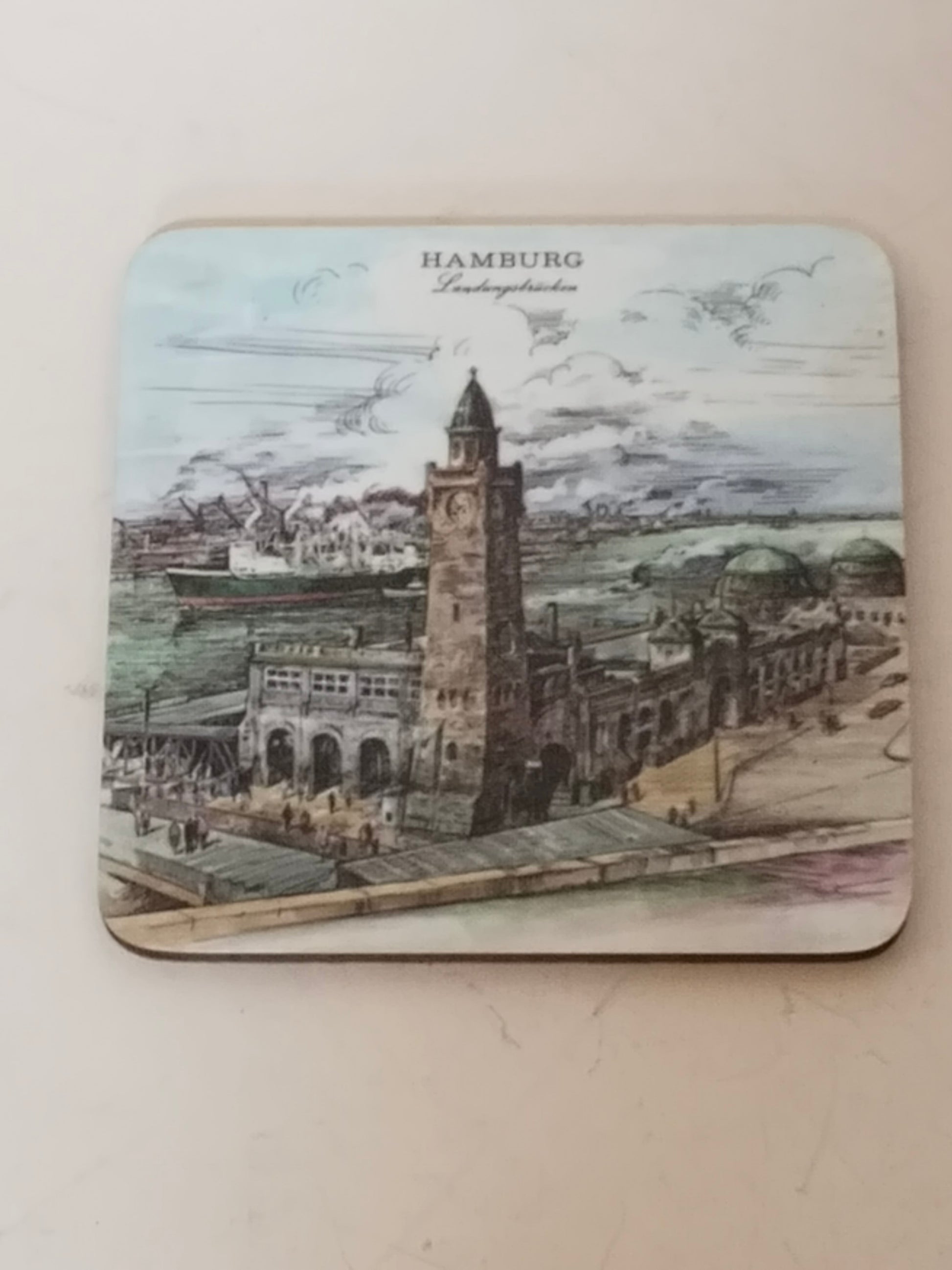 Untersetzer Hamburg Landungsbrücken mit Pegelturm und Hafen, Vintage Melamin