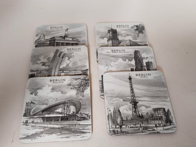 Berlin Untersetzer 6er-Set – Vintage Melamin Korkuntersetzer, Schwarz-Weiß Stadtansichten W-Germany