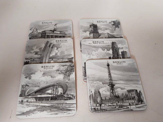 Berlin Dessous de Verre Lot de 6 – Dessous de Verre en Liège Mélaminé Vintage, Vues de Ville Noir et Blanc W-Germany