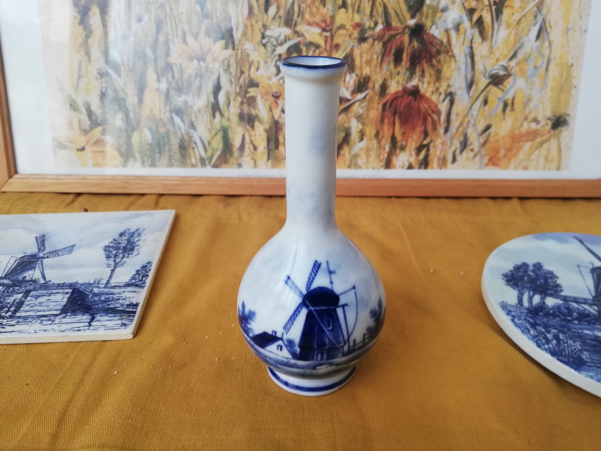 Kleine Delfter Blau Porzellanvase mit holländischem Windmühlen Motiv