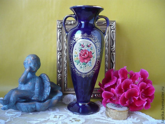 Medaillon-Vase aus Porzellan mit Kobalt und Vergoldung – Gesamtansicht, Vintage Österreich/Deutschland