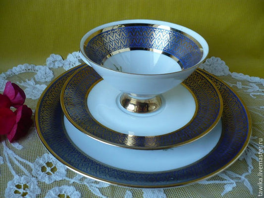 Winterling Marktleuthen Teeservice, Kobaltblau und Gold, 3-teilig – Gesamtansicht, Vintage Deutschland 1960er