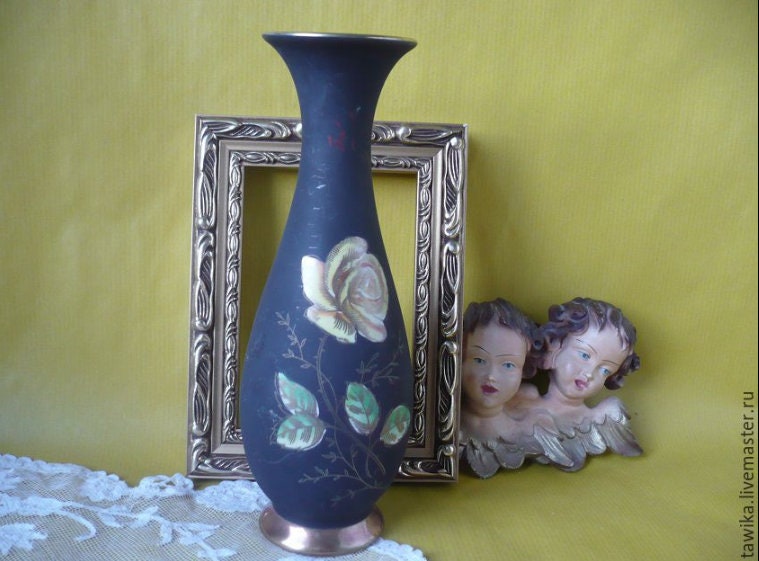 Schwarze Porzellanvase Royal Porcelain Bavaria KM mit Rosen und Gold, Gesamtansicht