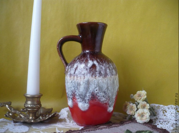 Rote BAY Keramik Fat-Lava-Vase mit grau-weißer Schaumglasur, Gesamtansicht
