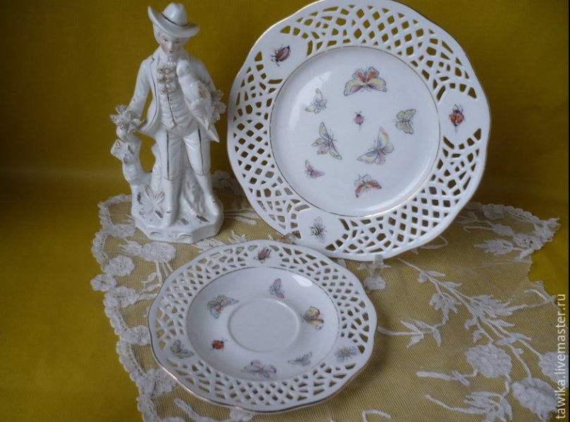 Porcelain plate set 3 with perforated pattern, Lindau Castle, 3 pieces, Vintage, Germany