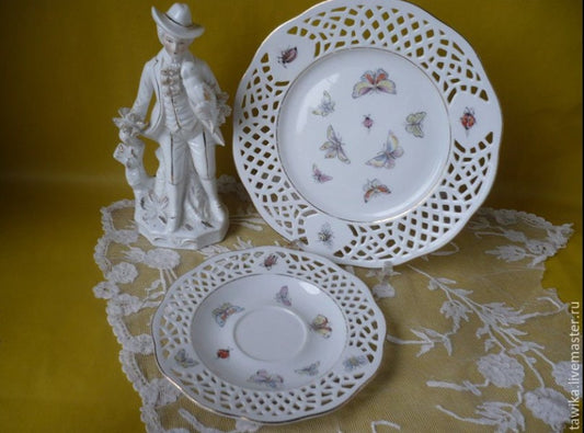 Drei Durchbruch-Teller von Burg Lindau mit Schmetterlingen und Golddekor – Vintage Porzellan, 1980er