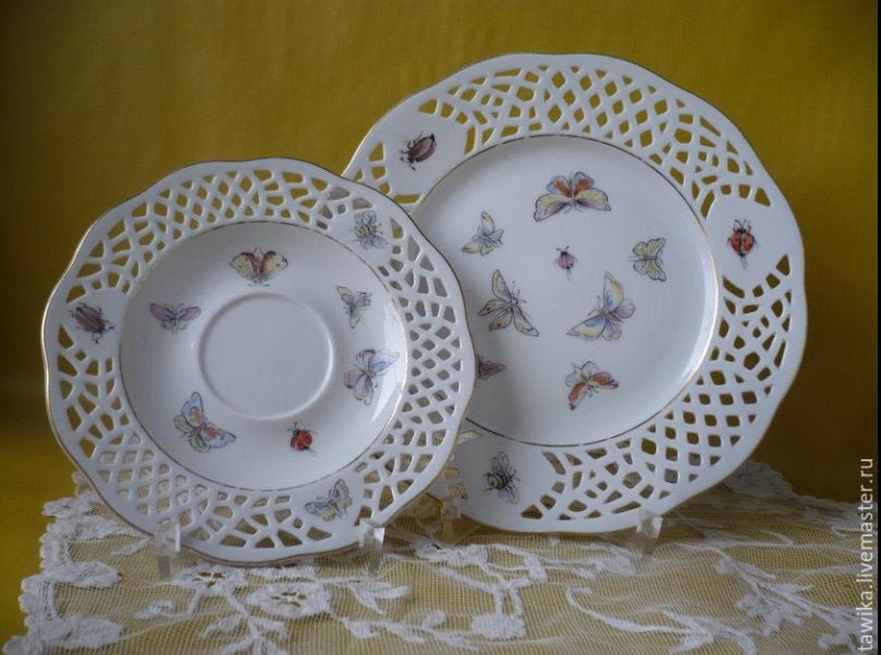 Porcelain plate set 3 with perforated pattern, Lindau Castle, 3 pieces, Vintage, Germany