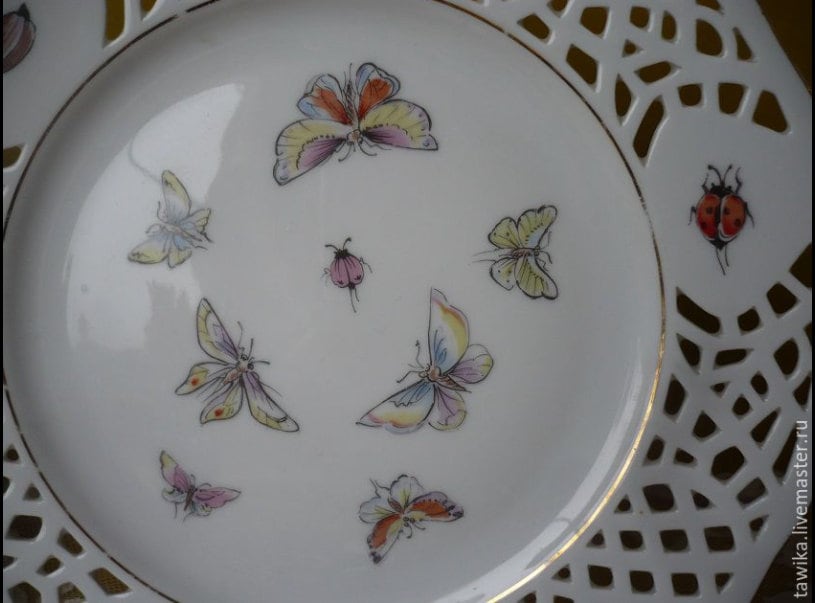 Porcelain plate set 3 with perforated pattern, Lindau Castle, 3 pieces, Vintage, Germany