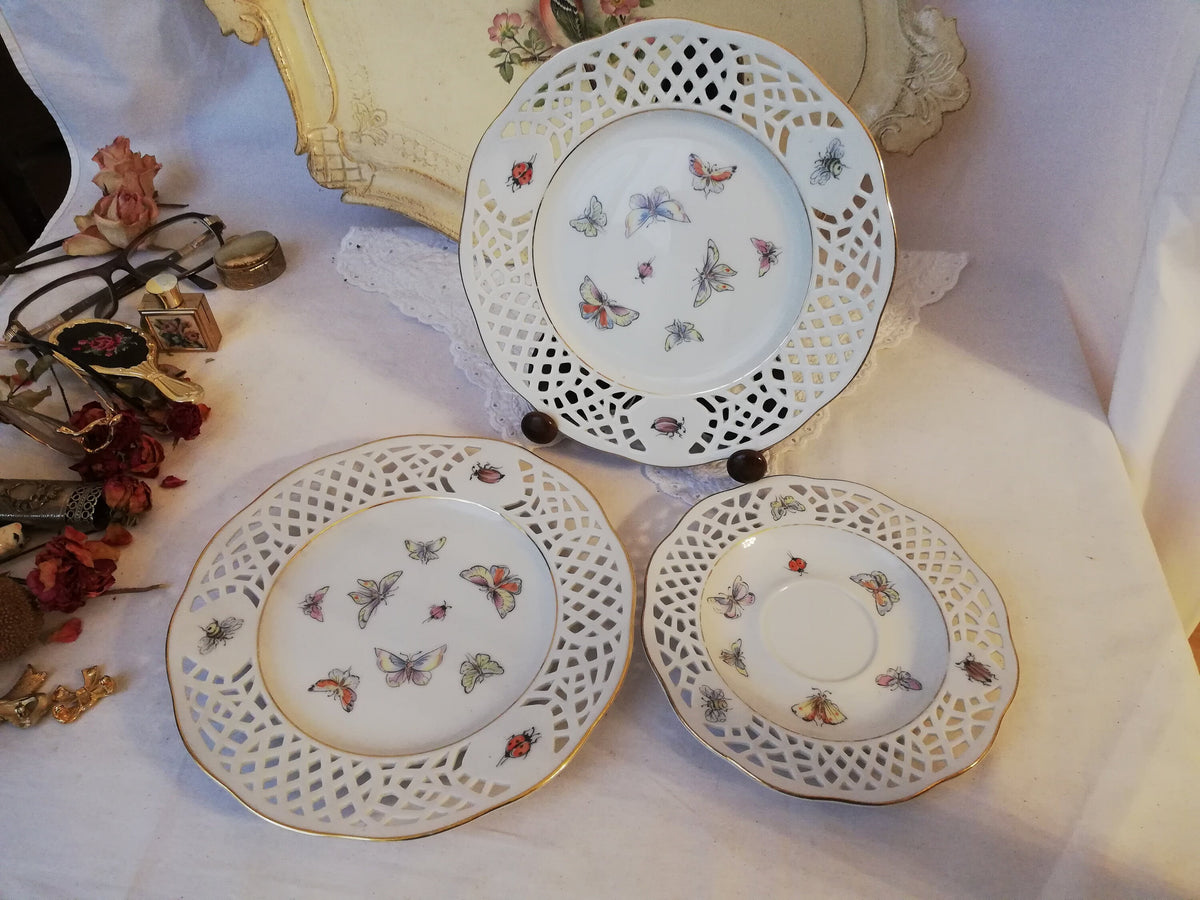 Porcelain plate set 3 with perforated pattern, Lindau Castle, 3 pieces, Vintage, Germany