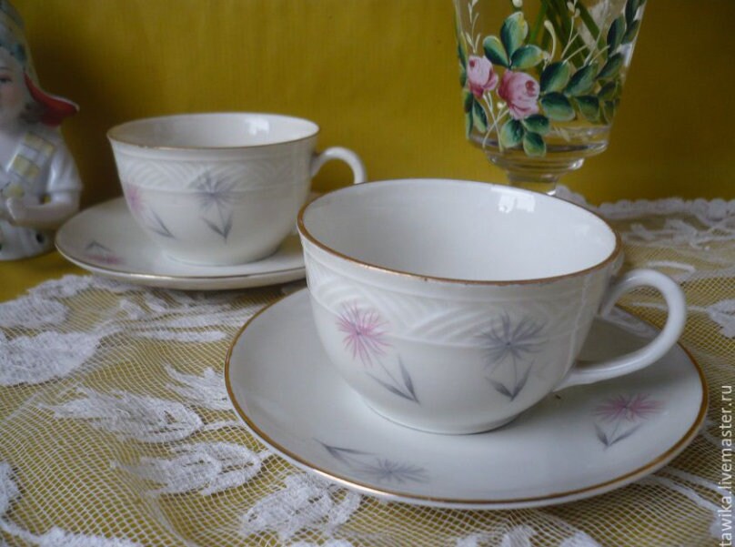 Bavaria Bone-China Kaffeetassen-Set mit Untertassen – Gesamtansicht, Vintage Deutschland 1950er