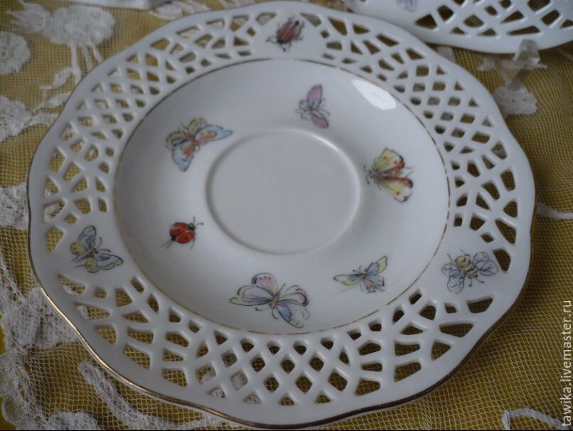 Porcelain plate set 3 with perforated pattern, Lindau Castle, 3 pieces, Vintage, Germany