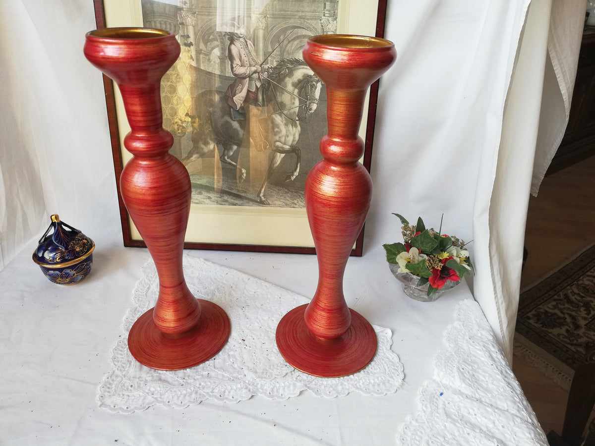 Paar Villeroy & Boch Glas-Kerzenleuchter in Rot und Gold, Gesamtansicht