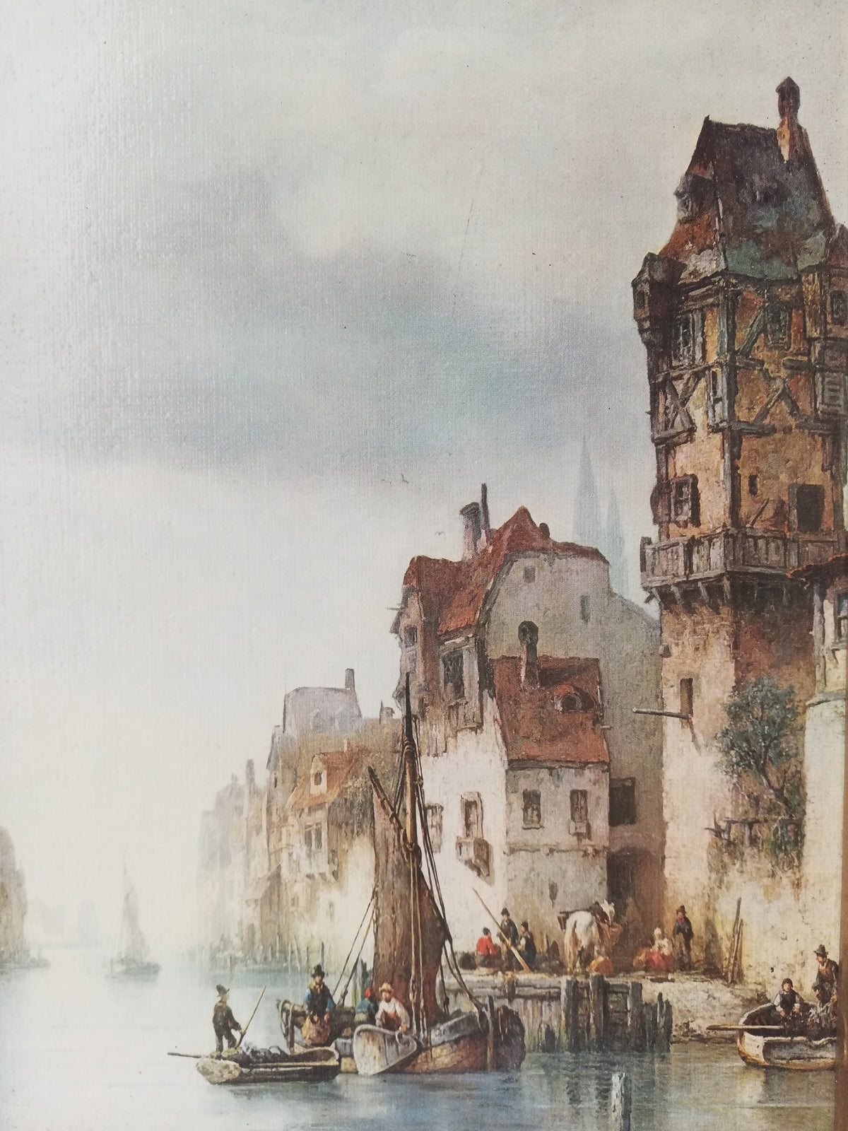 Painting printed on wood. Fishermen at the exit. Scene from the Mediterranean. Vintage