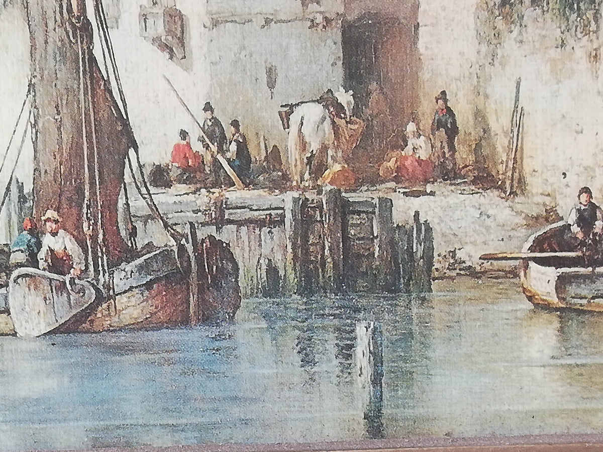 Painting printed on wood. Fishermen at the exit. Scene from the Mediterranean. Vintage