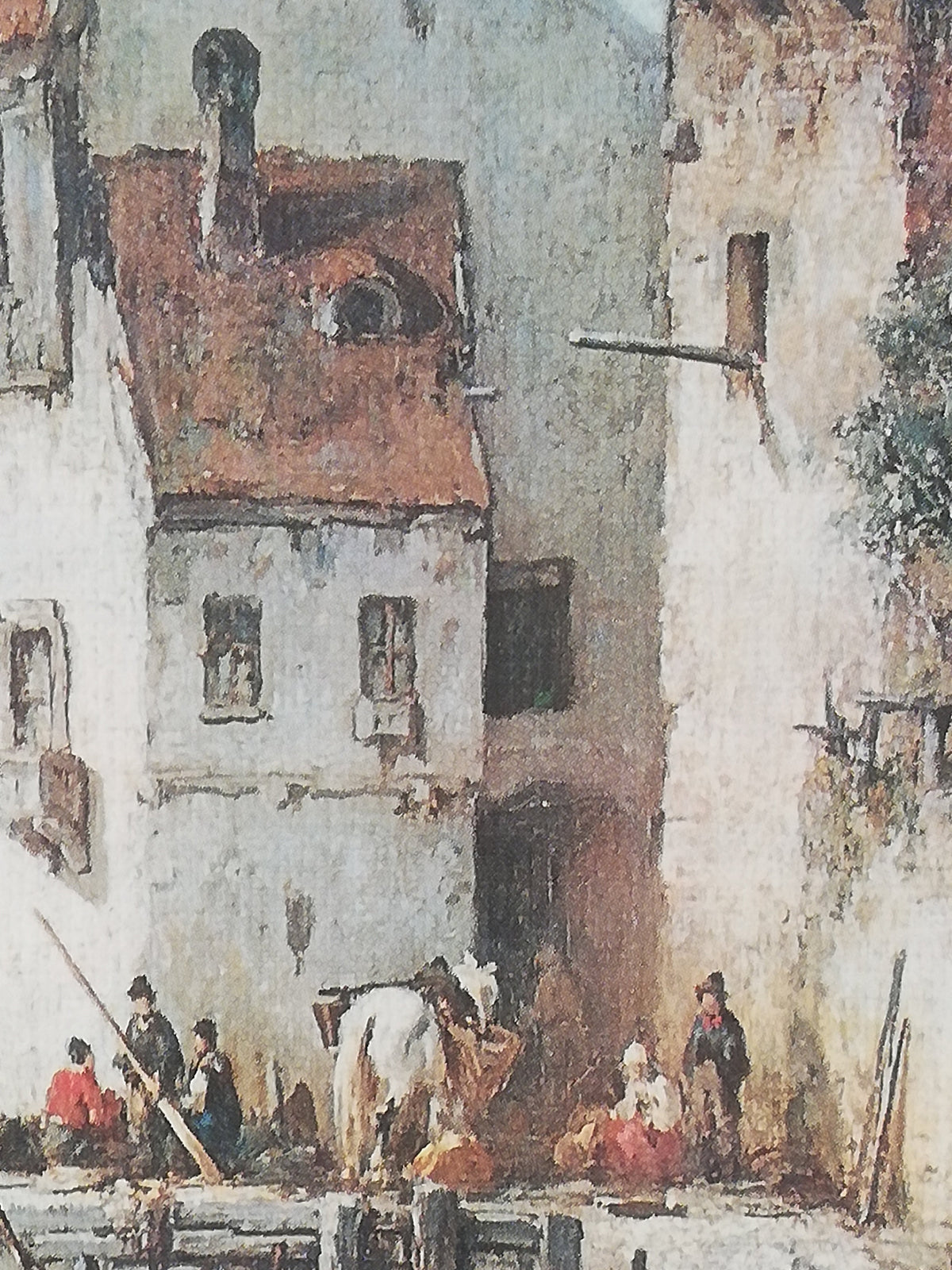 Painting printed on wood. Fishermen at the exit. Scene from the Mediterranean. Vintage