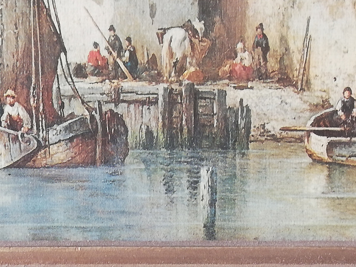 Painting printed on wood. Fishermen at the exit. Scene from the Mediterranean. Vintage