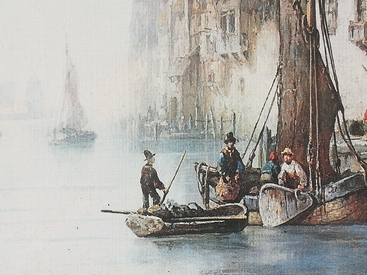 Painting printed on wood. Fishermen at the exit. Scene from the Mediterranean. Vintage