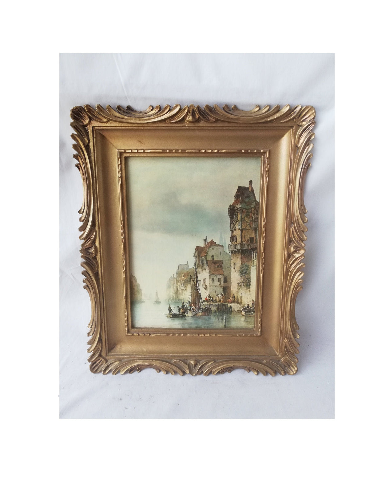 Painting printed on wood. Fishermen at the exit. Scene from the Mediterranean. Vintage