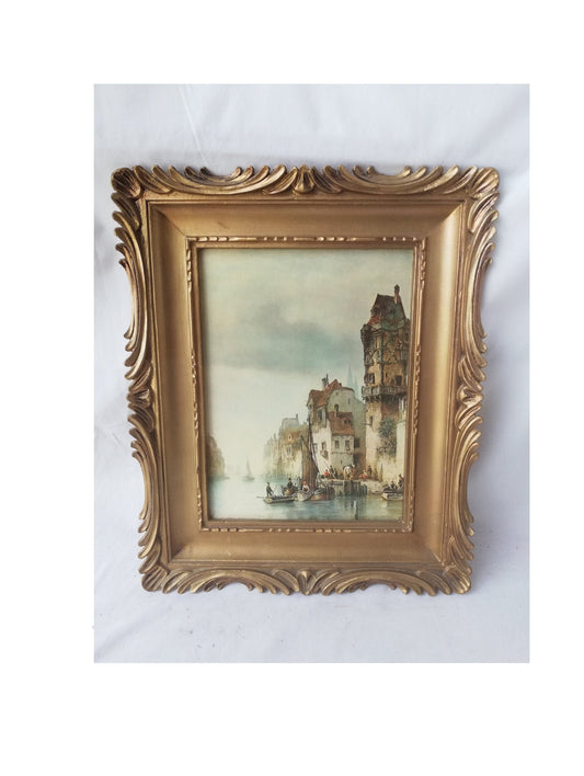 Painting printed on wood. Fishermen at the exit. Scene from the Mediterranean. Vintage