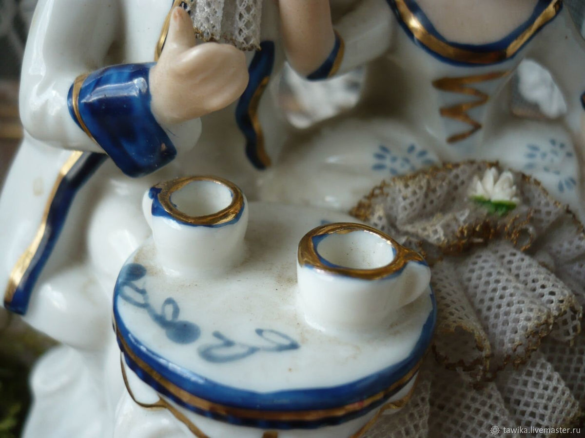 Porcelain figure in rococo style with cavalier and lady drinking tea, vintage, antique from Germany