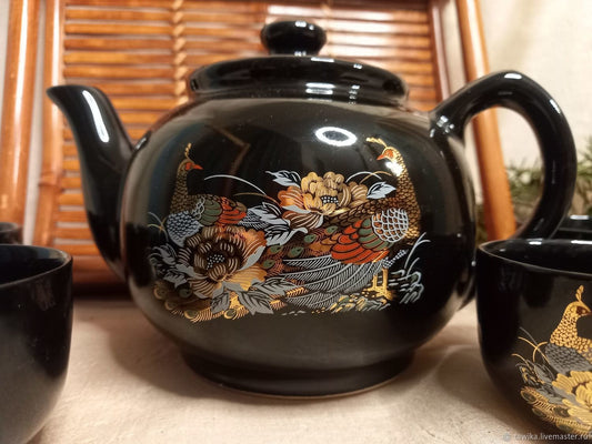 Teeservice „Fasane“, Porzellan mit Bambustablett – Gesamtansicht, Vintage 1980er