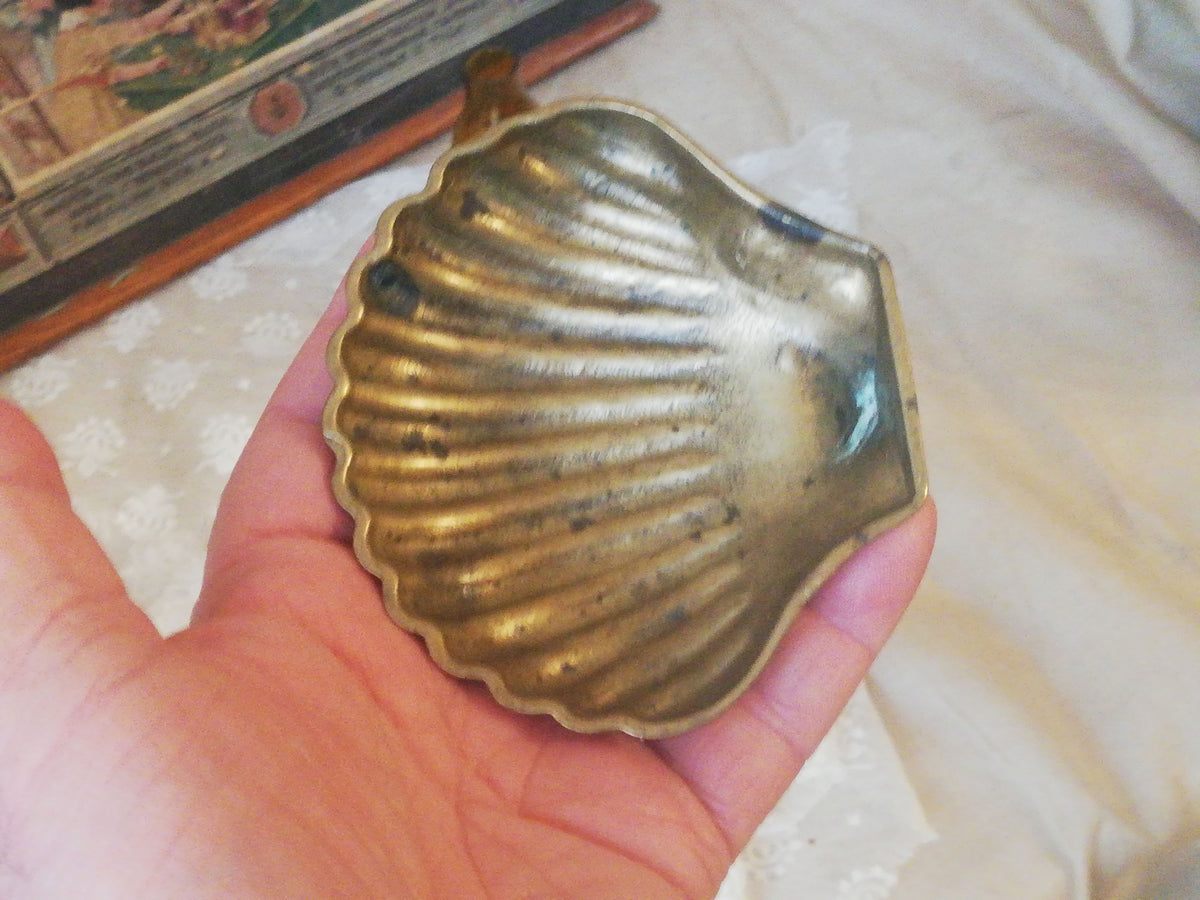 Vintage Messingmuschel 9,5 × 8,5 cm als maritime Deko im Regal