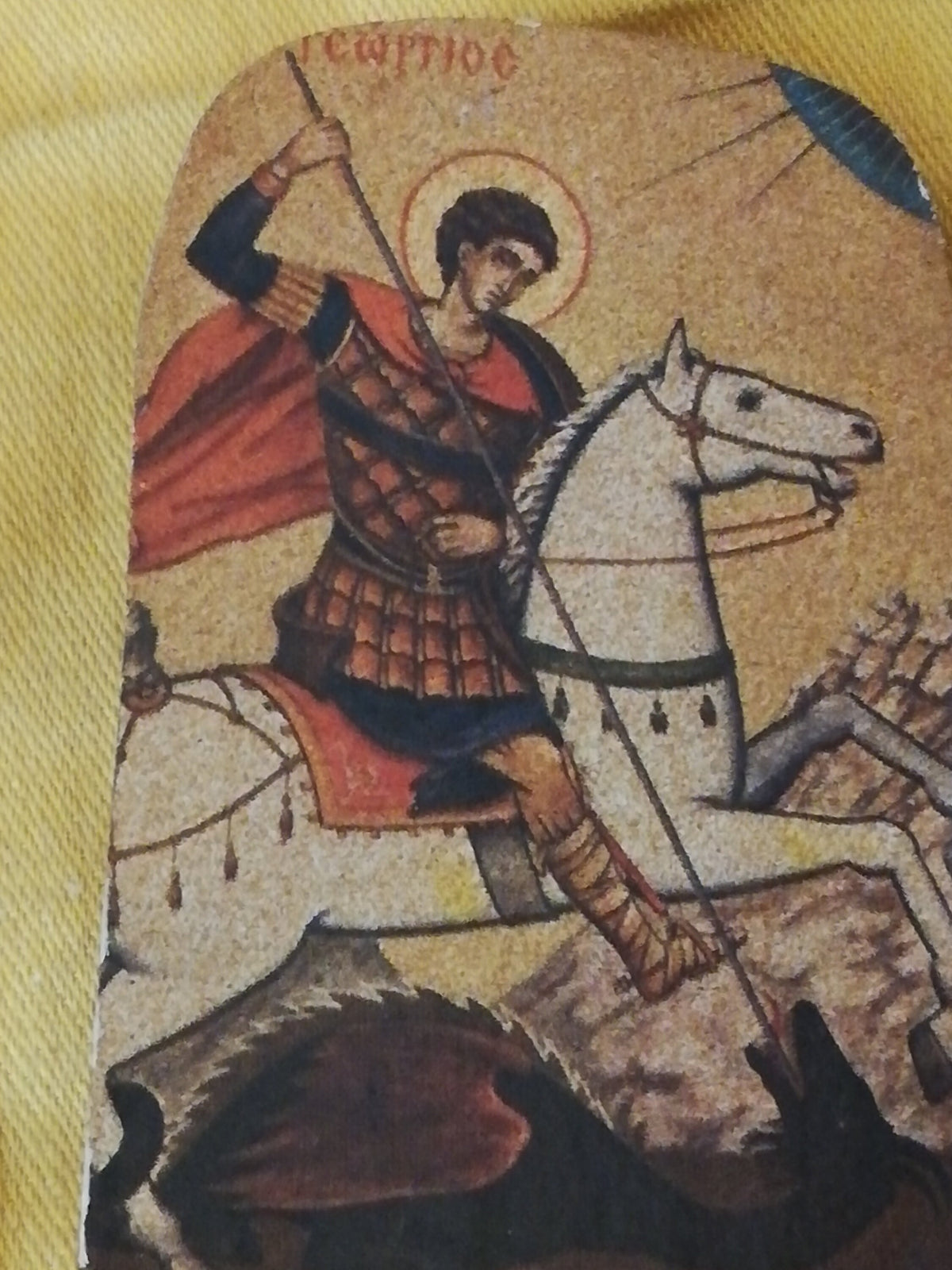 Detail des Heiligen Georg mit Drache und Speer