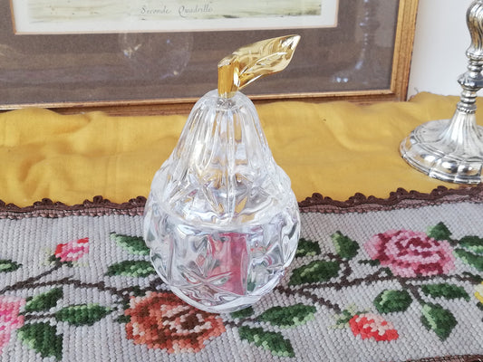 Birnenförmiger Vintage Glasflakon mit geometrischem Schliffmuster und vergoldetem Blattgriff