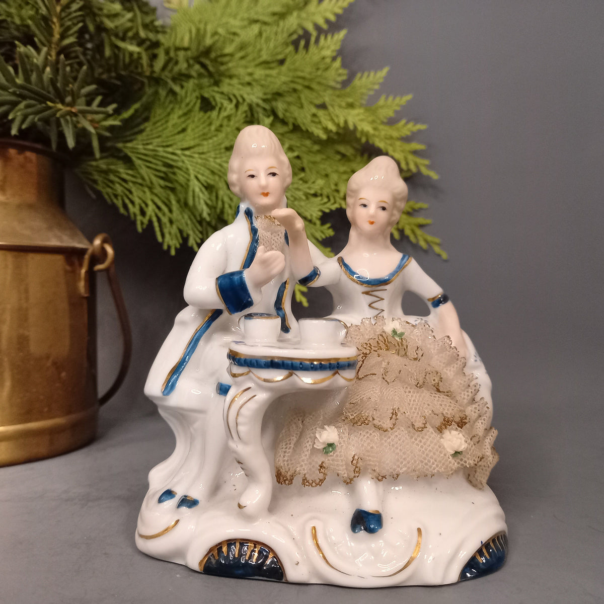 Porcelain figure in rococo style with cavalier and lady drinking tea, vintage, antique from Germany