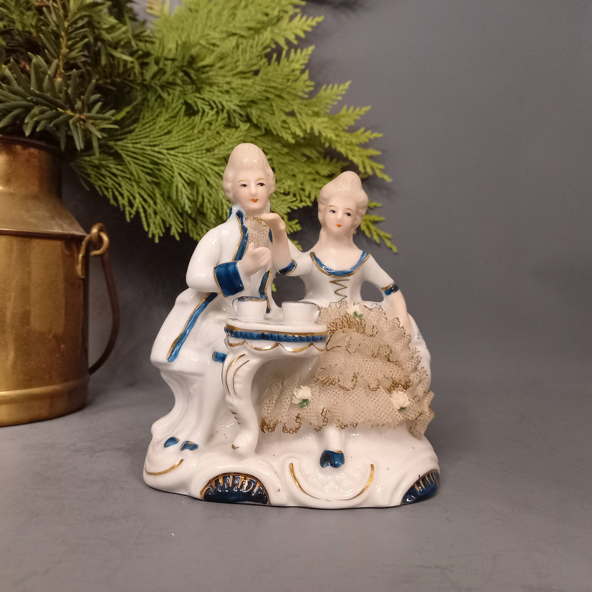 Porcelain figure in rococo style with cavalier and lady drinking tea, vintage, antique from Germany