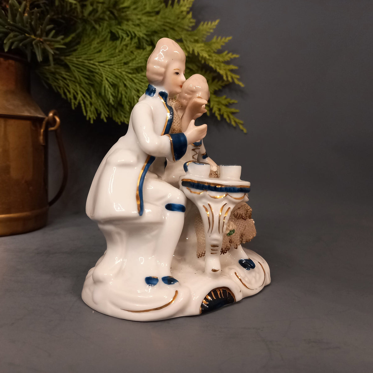 Porcelain figure in rococo style with cavalier and lady drinking tea, vintage, antique from Germany